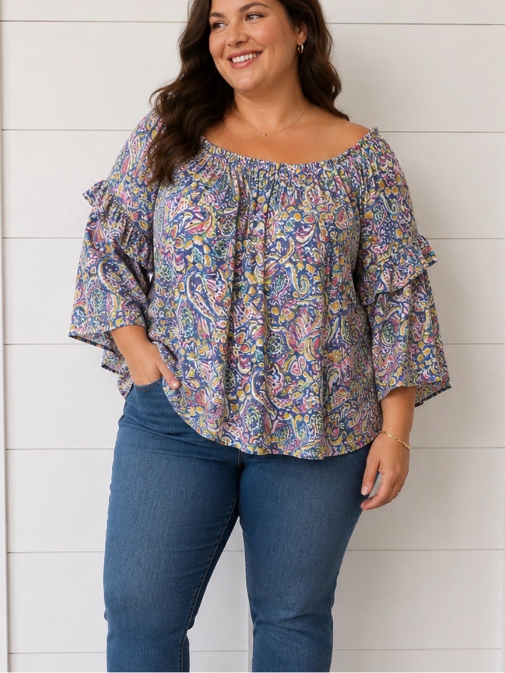 Zac & Rachel 1X multicolor off shoulder bell sleeve peasant top